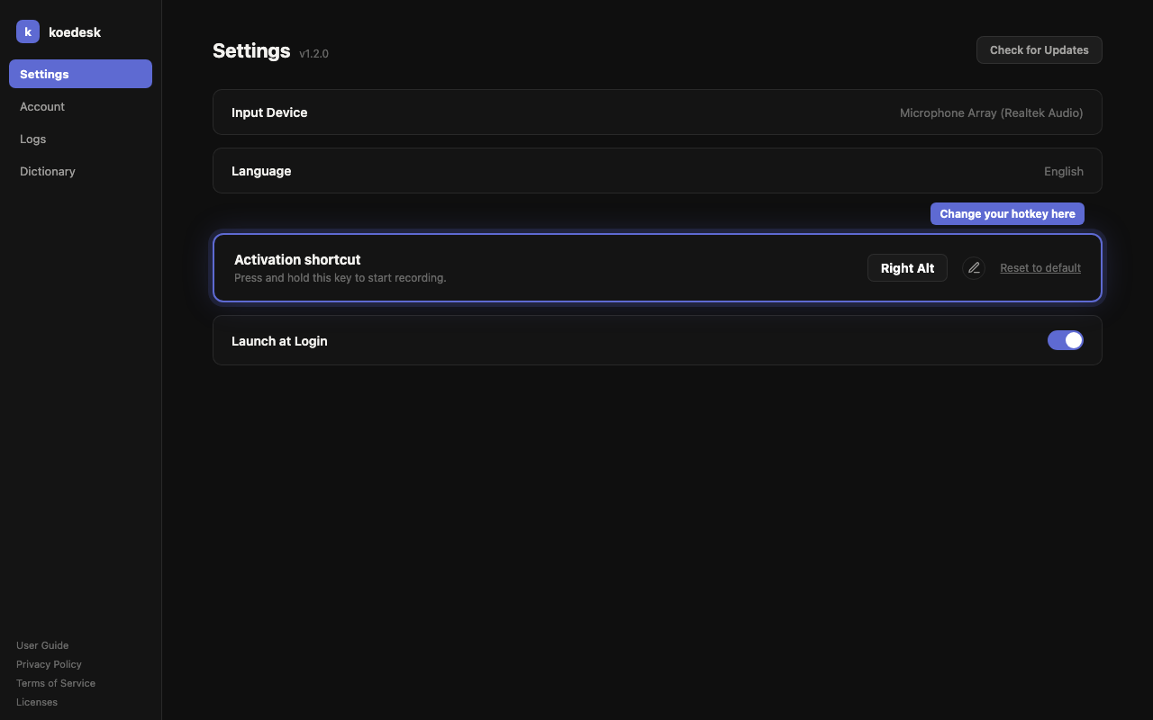 Changing the Activation Shortcut
